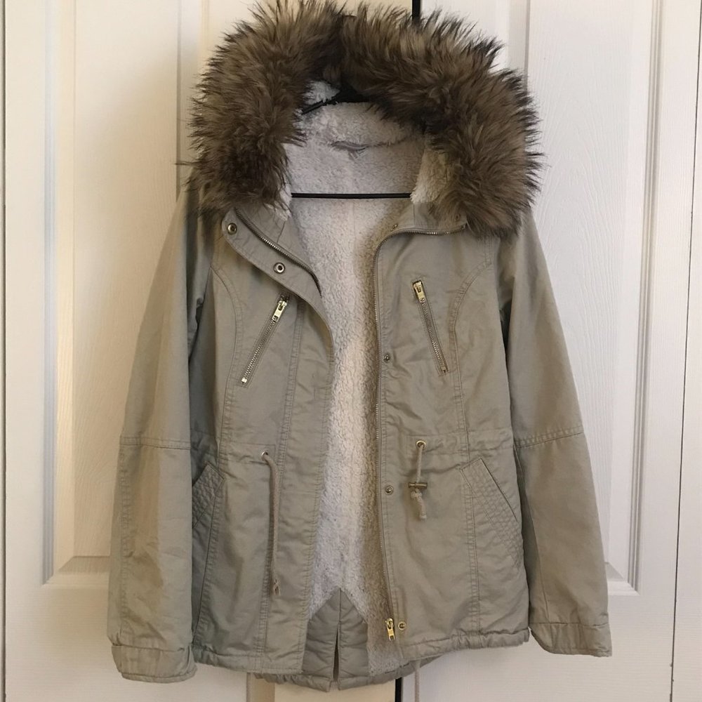 Fur Hooded Coat Jacket with Drawstring Waistband
